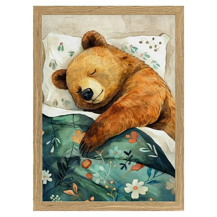 Papermoon Bild - Sleepy Bear, B x H: 70 x 100 cm, Ohne Passepartout, Rahmen Eiche - Aquarellbild eines schlafenden Bären mit floraler Decke und Kissen im Holzrahmen.