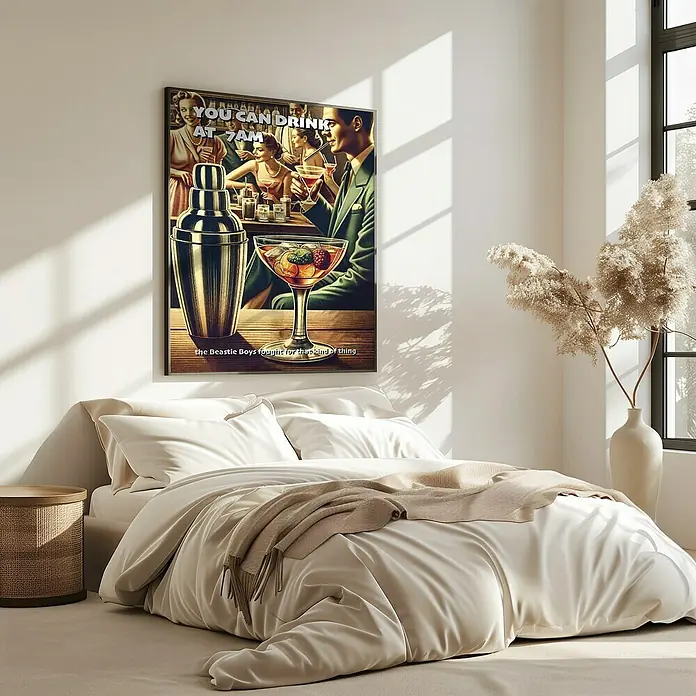 Papermoon Bild - You can Drink at 7 AM, B x H: 70 x 100 cm, Mit Passepartout, Rahmen Eiche - Ein gerahmtes Poster mit dem Aufdruck "You Can Drink at 7AM" hängt über einem Bett in einem hellen, modernen Schlafzimmer und sorgt für einen stilvollen Akzent.