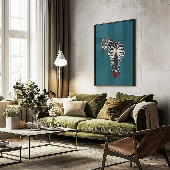 Papermoon Bild - Zebra Heels, B x H: 50 x 70 cm, Mit Passepartout, Rahmen Schwarz - Wohnzimmer mit grünem Sofa, Couchtisch und einem humorvollen Zebra-Kunstdruck, der dem Raum eine besondere Note verleiht.