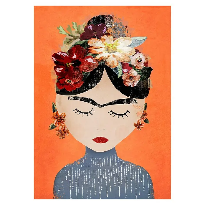Papermoon Poster - Treechild Frida Orange, B x H: 70 x 100 cm, Ohne Passepartout - Illustration von Frida Kahlo mit Blumenkrone und markanten Augenbrauen auf orangefarbenem Hintergrund.