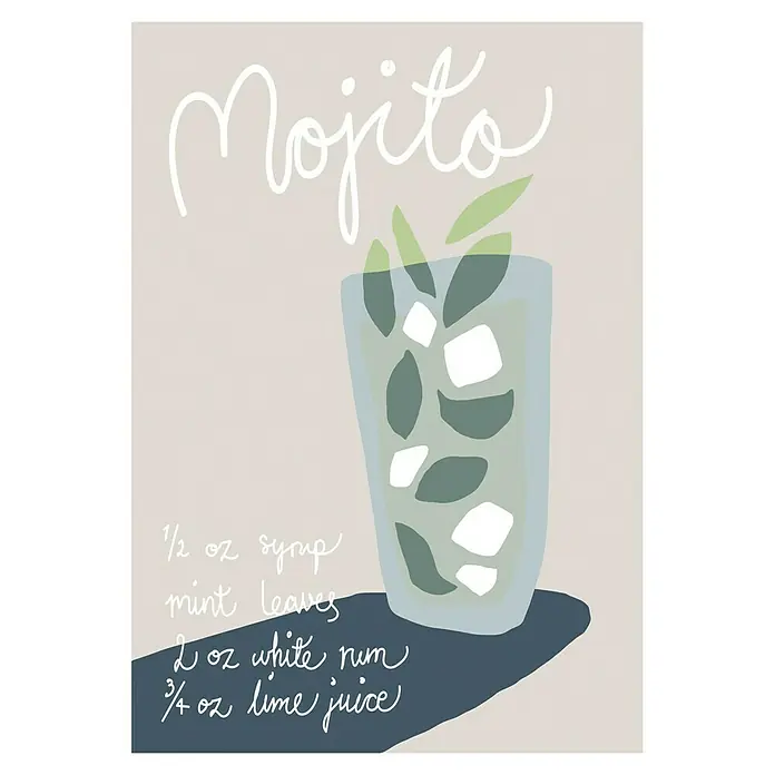 Papermoon Poster - Mojito Rezept, B x H: 70 x 100 cm, Ohne Passepartout - Illustrative Darstellung eines Mojito-Cocktails mit Rezeptangaben in verspielter Schrift auf beigem Hintergrund.