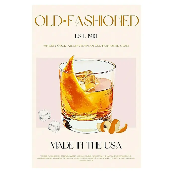Papermoon Poster - Classic Cocktail, B x H: 50 x 70 cm, Ohne Passepartout - Ein Old Fashioned Cocktail-Poster mit einer klassischen Spirituose im Glas, verziert mit Orange und Eis.