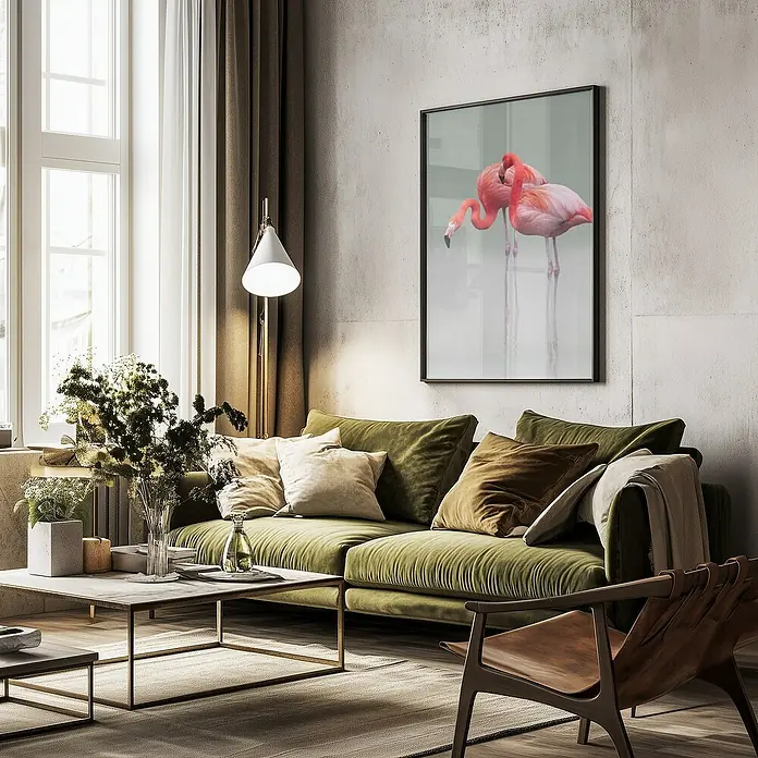 Papermoon Bild - Just we Two, B x H: 70 x 100 cm, Ohne Passepartout, Rahmen Schwarz - Wohnzimmer mit grünem Sofa, Flamingobild und Holzstuhl. Die Einrichtung strahlt Gemütlichkeit und Stilbewusstsein aus.