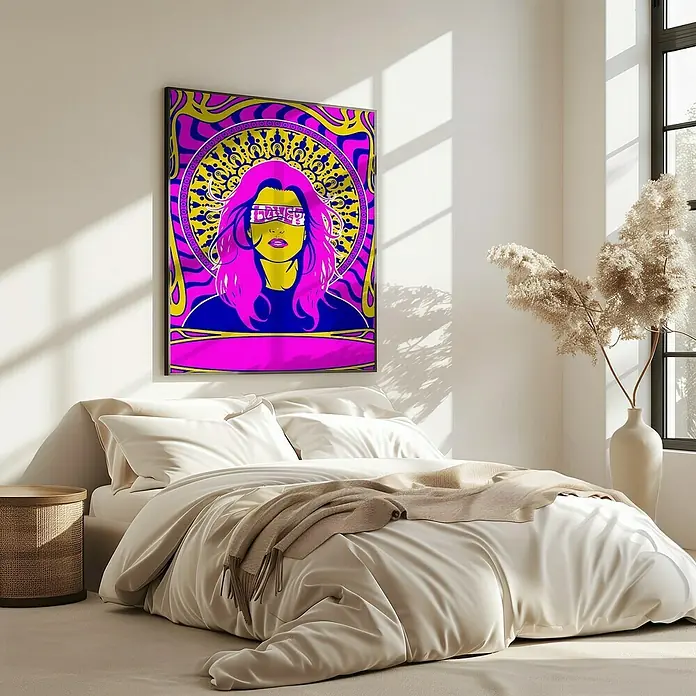 Papermoon Bild - Woman Series 1, B x H: 100 x 140 cm, Ohne Passepartout, Rahmen Eiche - Ein farbenfrohes Wandbild mit abstraktem Frauenporträt hängt über einem einladenden Bett. Kunst trifft auf Komfort im Schlafzimmer.