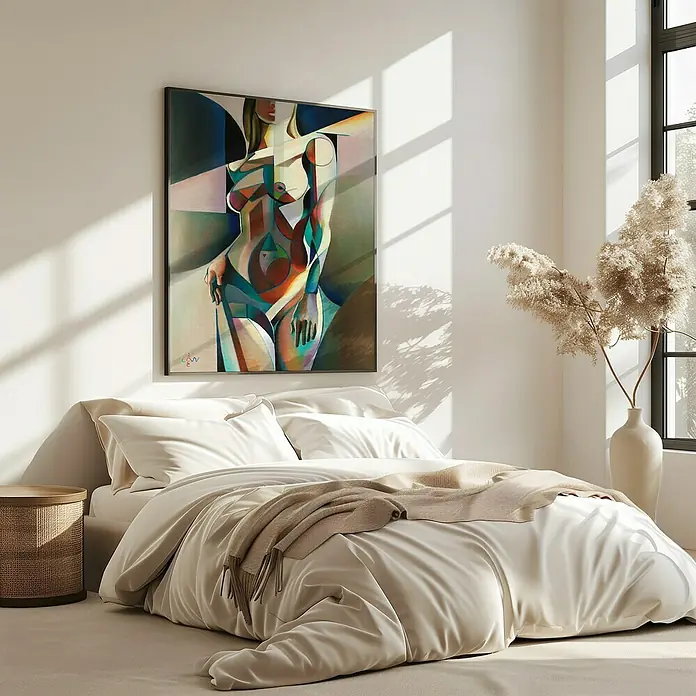 Papermoon Bild - Neo Deco, B x H: 40 x 50 cm, Ohne Passepartout, Rahmen Eiche - Kunstvolles Gemälde einer abstrakten weiblichen Figur, gerahmt und über einem stilvollen, cremefarbenen Bett in einem hellen Raum platziert.