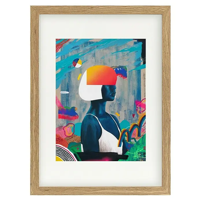 Papermoon Bild - Blue Girl, B x H: 100 x 140 cm, Mit Passepartout, Rahmen Eiche - Gerahmtes Kunstwerk mit einem abstrakten Frauenporträt in lebhaften Farben, das jedem Raum einen modernen Touch verleiht.
