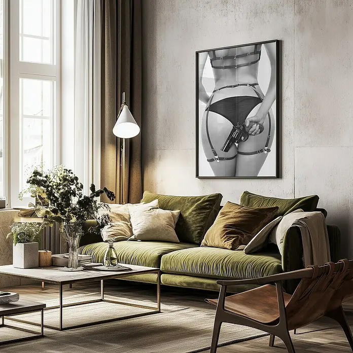 Papermoon Bild - Love & a loaded Gun, B x H: 50 x 70 cm, Ohne Passepartout, Rahmen Schwarz - Stilvolles Wohnzimmer mit grünem Sofa, Holztisch und einem provokanten gerahmten Bild an der Wand, das die Aufmerksamkeit auf sich zieht.