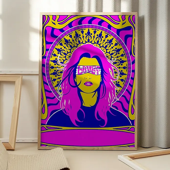 Papermoon Bild - Woman Series 1, B x H: 100 x 140 cm, Ohne Passepartout, Rahmen Eiche - Abstraktes Poster mit psychedelischem Muster und einer Frau mit der Aufschrift "Liebe?". Ein farbenfrohes und auffälliges Kunstwerk.