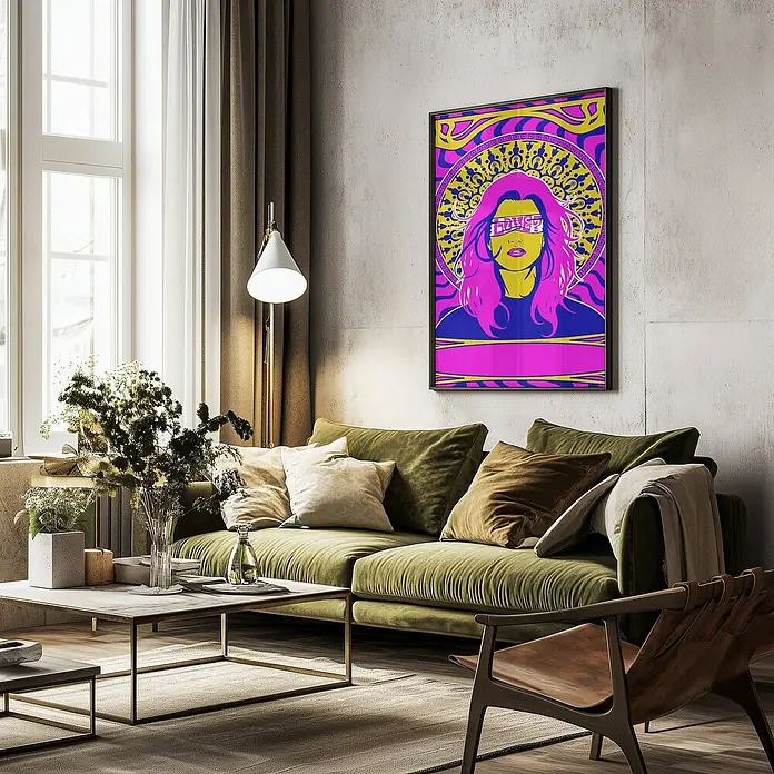 Papermoon Bild - Woman Series 1, B x H: 100 x 140 cm, Ohne Passepartout, Rahmen Schwarz - Stilvolles Wohnzimmer mit einem farbenfrohen Porträtgemälde an der Wand, das dem Raum eine moderne und künstlerische Note verleiht.