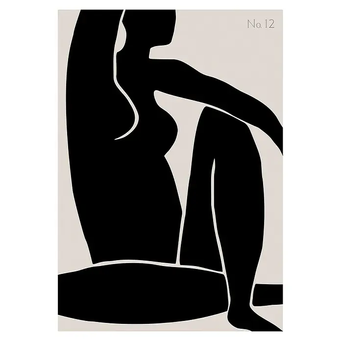 Papermoon Poster - Figure No. 12, B x H: 50 x 70 cm, Ohne Passepartout - Abstrakte Kunst: Schwarze Silhouette einer sitzenden Frau auf beigem Hintergrund, minimalistisch und elegant, gekennzeichnet mit "No. 12".