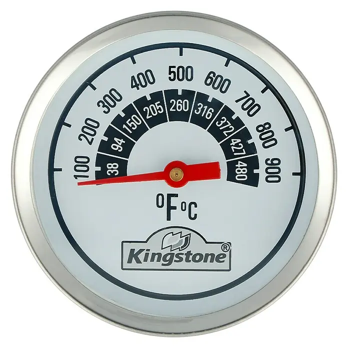 Ersatz-Thermometer - Passend für: Kingstone Kugelgrill Bullet 47 - Nahaufnahme eines Kingston-Thermometers mit einer Temperaturanzeige von ca. 100 Grad Fahrenheit.