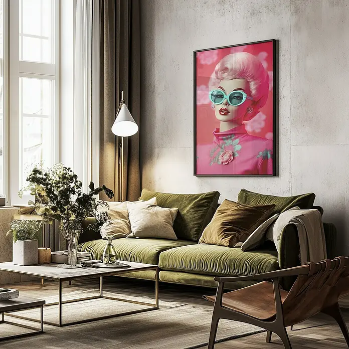 Papermoon Bild - Oh Barbie No. 1, B x H: 80 x 110 cm, Ohne Passepartout, Rahmen Schwarz - Ein stilvolles Wohnzimmer mit einem grünen Sofa und einem auffälligen Porträt einer Dame mit rosa Haaren und blauen Sonnenbrillen.