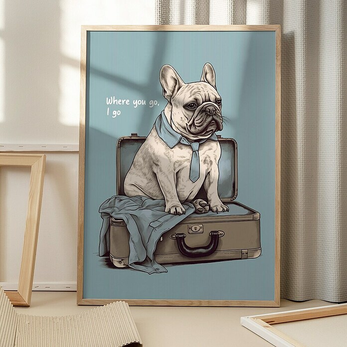 Papermoon Bild (Frenchie Want Travel, B x H: 70 x 100 cm, Ohne Passepartout, Rahmen Eiche) | BAUHAUS