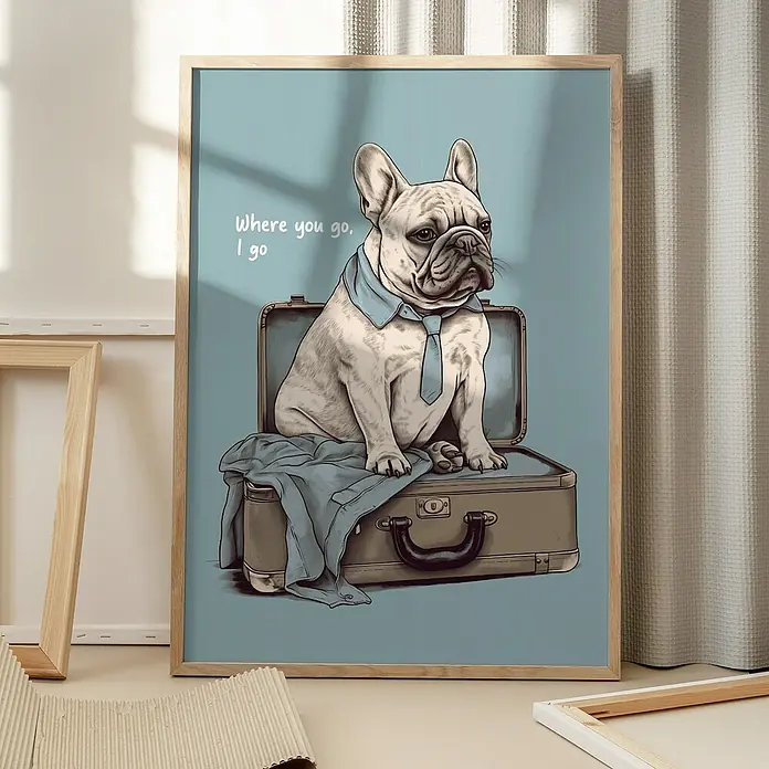 Papermoon Bild - Frenchie Want Travel, B x H: 40 x 50 cm, Mit Passepartout, Rahmen Eiche - Gerahmtes Bild mit einem Hund auf einem Koffer, der eine Krawatte trägt und das Zitat „Wo du hingehst, gehe ich auch“.