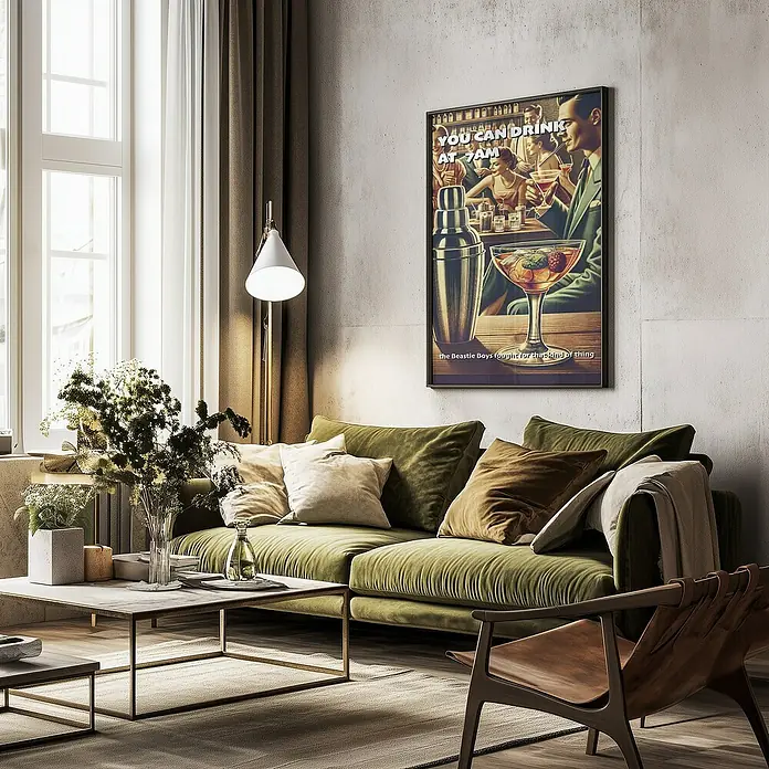 Papermoon Bild - You can Drink at 7 AM, B x H: 70 x 100 cm, Ohne Passepartout, Rahmen Schwarz - Ein stilvolles Wohnzimmer mit grüner Couch und einem auffälligen Cocktail-Poster, das eine einladende Atmosphäre schafft.