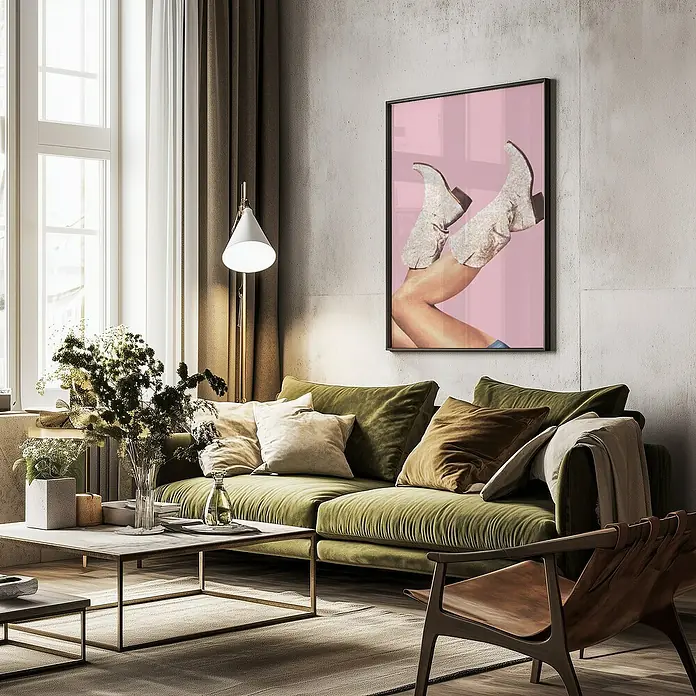 Papermoon Bild - Boots Glitter Pink, B x H: 60 x 80 cm, Ohne Passepartout, Rahmen Schwarz - Gemütliches Wohnzimmer mit einem grünen Samtsofa, einem Couchtisch und einem Kunstwerk mit Cowboy-Stiefeln.