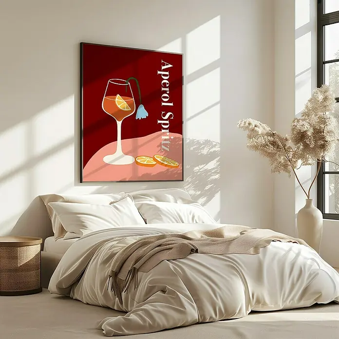 Papermoon Bild - Aperol Spritz, B x H: 60 x 80 cm, Mit Passepartout, Rahmen Eiche - Ein modernes Schlafzimmer mit einem Kunstwerk von Aperol Spritz über dem Bett. Das Poster verleiht dem Raum einen stilvollen Touch.