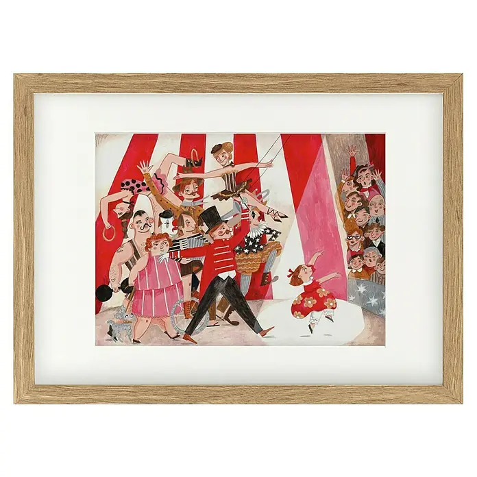 Papermoon Bild - Circus in the City, B x H: 80 x 60 cm, Mit Passepartout, Rahmen Eiche - Gerahmtes Bild einer Zirkusvorstellung mit Akrobaten, Dompteur und Publikum, eine farbenfrohe und lebendige Szene.