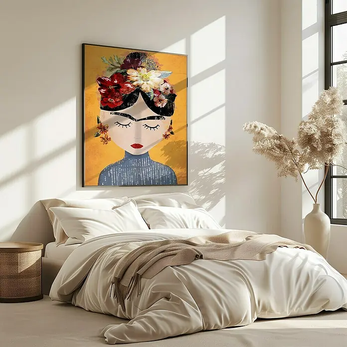 Papermoon Bild - Treechild Frida Gelb, B x H: 100 x 140 cm, Mit Passepartout, Rahmen Eiche - Wandbild mit Blumenmädchen-Motiv, das über einem modern eingerichteten Bett hängt und dem Raum einen künstlerischen Akzent verleiht.