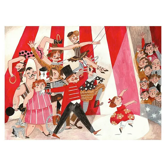 Papermoon Poster - Circus in the City, B x H: 80 x 60 cm, Ohne Passepartout - Bunte Illustration einer Zirkusvorstellung mit Artisten, Tieren und Publikum in lebendigen Farben und skurrilem Stil.
