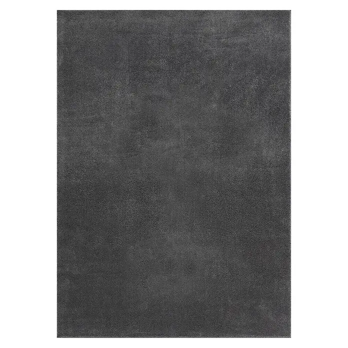 Hochflorteppich Lauria - Anthrazit, 230 x 160 cm, 100 % Polyester - Hier ist ein rechteckiger, anthrazitfarbener Badteppich mit einem schmalen, gemusterten Rand in Grau-, Schwarz- und Weißtönen.