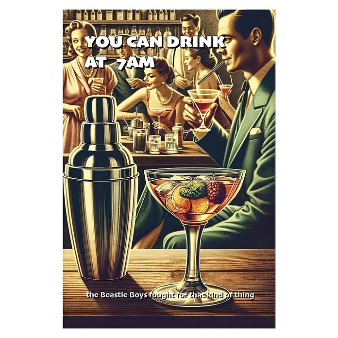 Papermoon Poster - You Can Drink at 7 AM, B x H: 50 x 70 cm, Ohne Passepartout - Retro-Cocktailparty-Szene, auf dem Tresen steht ein Cocktailshaker und ein Glas mit einem fruchtigen Cocktail.