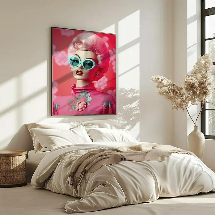 Papermoon Bild - Oh Barbie No. 1, B x H: 50 x 70 cm, Ohne Passepartout, Rahmen Eiche - Ein stilvolles Schlafzimmer mit einem auffälligen Porträt einer Frau mit rosa Haaren und blauen Sonnenbrillen an der Wand.