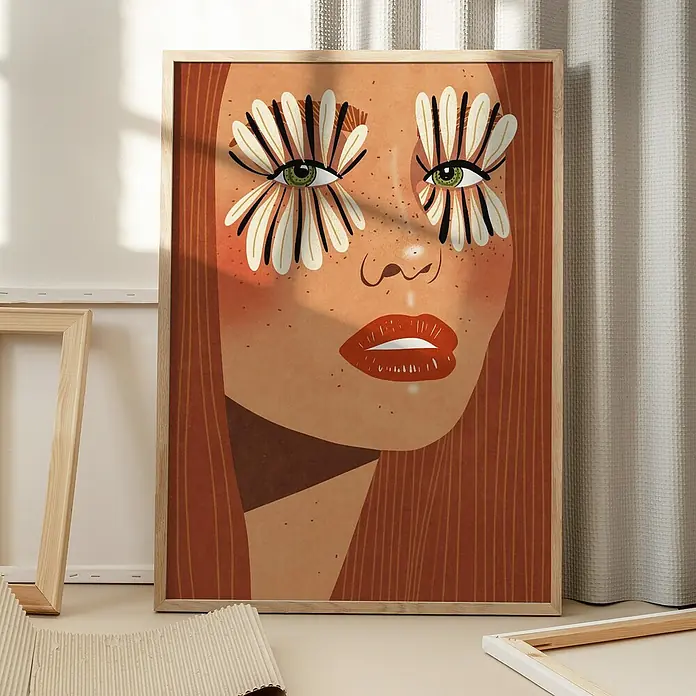 Papermoon Bild - Flower Eyes, B x H: 40 x 50 cm, Ohne Passepartout, Rahmen Eiche - Gerahmtes Porträt einer Frau mit Blumen um die Augen, das einen künstlerischen und modernen Look für jede Wand bietet.