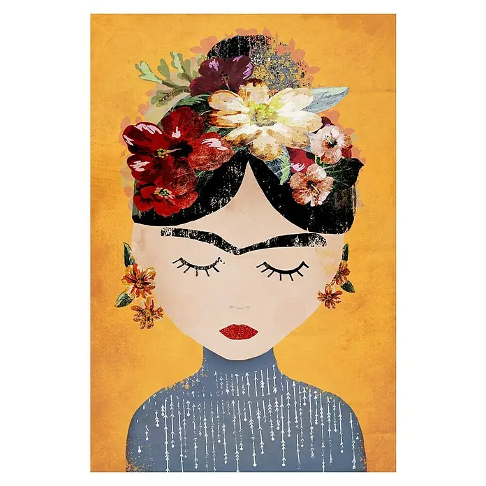 Papermoon Poster - Treechild Frida Gelb, B x H: 40 x 50 cm, Ohne Passepartout - Kunstvolles Frida Kahlo-Poster mit floralen Details und leuchtenden Farben. Ein modernes Kunstwerk für lebendige Wanddekorationen.