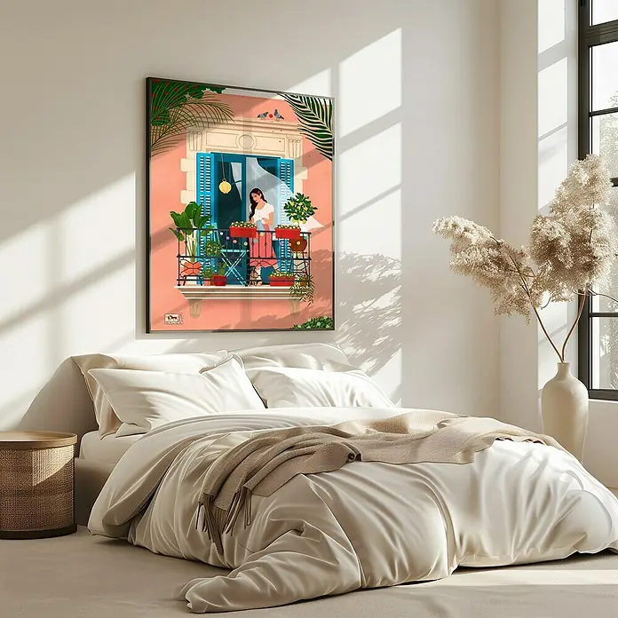 Papermoon Bild - Barcelona, B x H: 80 x 110 cm, Ohne Passepartout, Rahmen Eiche - Ein Gemälde mit einer Frau auf einem Balkon hängt über einem Bett mit weißer Bettwäsche und einem beigen Überwurf in einem hellen Raum.