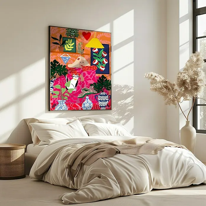 Papermoon Bild - Cat Lady, B x H: 80 x 110 cm, Mit Passepartout, Rahmen Eiche - Lebhaftes Kunstwerk mit verspielten Motiven, das eine fröhliche und künstlerische Atmosphäre in einem Schlafzimmer schafft.