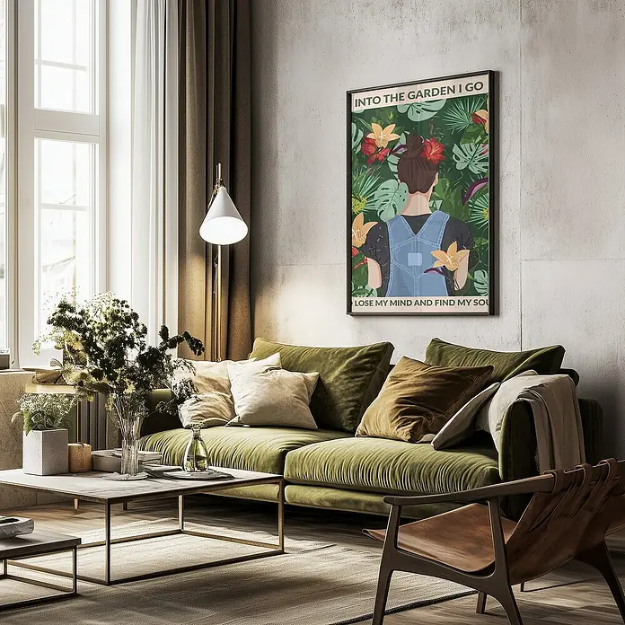 Papermoon Bild - Into the Garden, B x H: 70 x 100 cm, Ohne Passepartout, Rahmen Schwarz - Ein dekoratives Poster mit der Aufschrift "Into the Garden I Go", das eine Frau in einem Garten zeigt. Perfekt für ein Wohnzimmer.