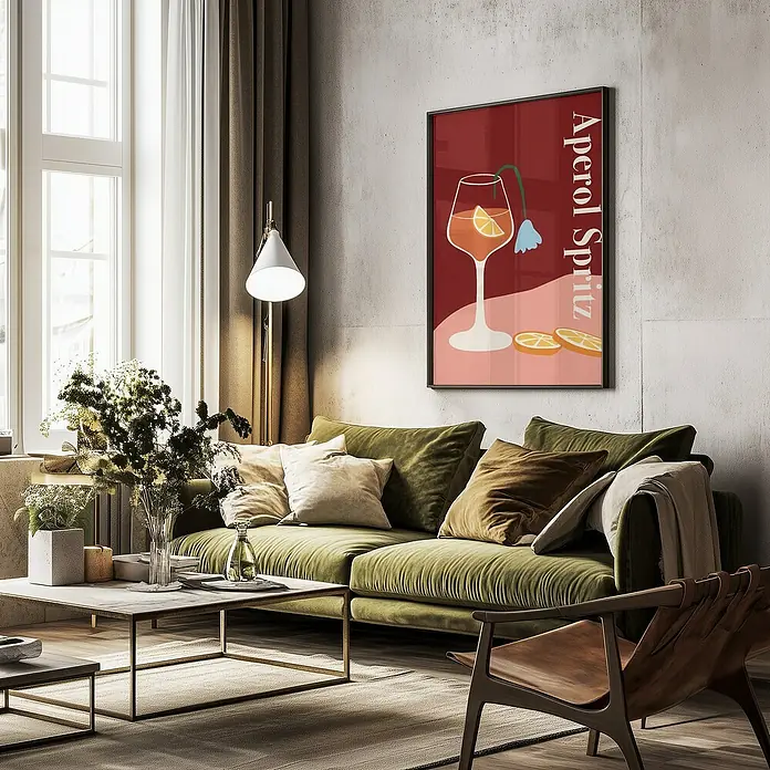 Papermoon Bild - Aperol Spritz, B x H: 40 x 50 cm, Ohne Passepartout, Rahmen Schwarz - Stilvolles Wohnzimmer mit olivgrünem Sofa, modernem Couchtisch und einem auffälligen "Aperol Spritz"-Poster, das dem Raum eine künstlerische Note verleiht.