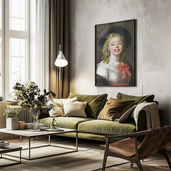 Papermoon Bild - Vintage Marilyn, B x H: 50 x 70 cm, Mit Passepartout, Rahmen Schwarz - Das Wohnzimmer verfügt über ein grünes Sofa, einen Couchtisch und ein Marilyn-Monroe-Gemälde, das eine elegante und künstlerische Atmosphäre schafft.