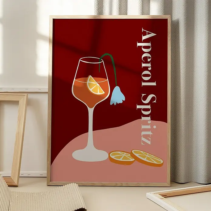 Papermoon Bild - Aperol Spritz, B x H: 60 x 80 cm, Mit Passepartout, Rahmen Eiche - Kunstvolles Aperol Spritz Wandbild mit erfrischendem Design und lebendigen Farben, ideal für moderne Küchen und Bars.