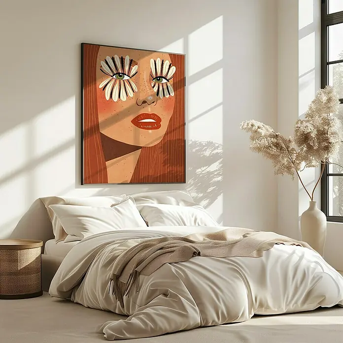 Papermoon Bild - Flower Eyes, B x H: 40 x 50 cm, Ohne Passepartout, Rahmen Eiche - Ein Schlafzimmer mit einem grossen Bett und einem modernen Gemälde mit einem Frauengesicht mit Blumenelementen über dem Kopfteil.