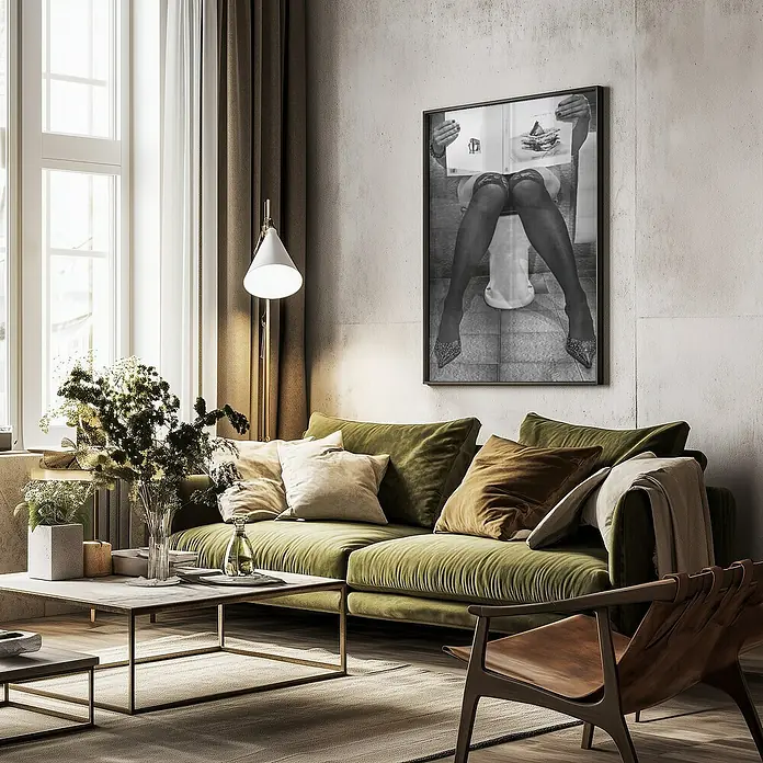 Papermoon Bild - Le Goart des Autres, B x H: 100 x 140 cm, Mit Passepartout, Rahmen Schwarz - Wohnzimmer mit einem grünen Sofa, Couchtisch und einem auffälligen Schwarz-Weiß-Poster an der Wand.