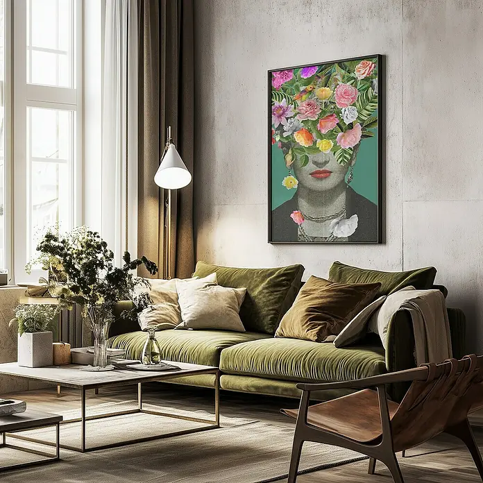 Papermoon Bild - Floral Frida, B x H: 50 x 70 cm, Ohne Passepartout, Rahmen Schwarz - Ein Wohnzimmer mit einem grünen Sofa, Couchtisch und einem Bild von Frida Kahlo an der Wand.