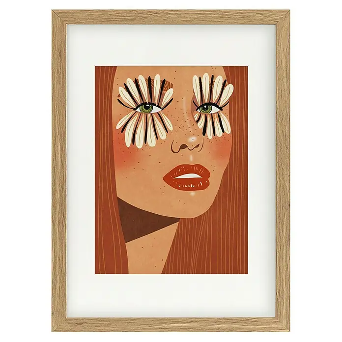 Papermoon Bild - Flower Eyes, B x H: 50 x 70 cm, Mit Passepartout, Rahmen Eiche - Gerahmtes Porträt einer Frau mit Blumen um die Augen, die ein einzigartiges und künstlerisches Element zur Schau stellt.