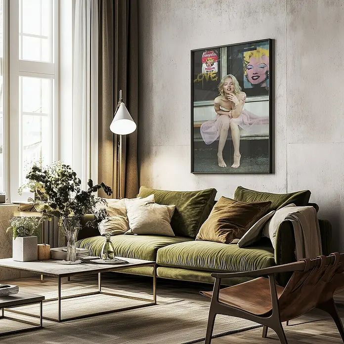 Papermoon Bild - New Marilyn, B x H: 60 x 80 cm, Ohne Passepartout, Rahmen Schwarz - Ein stilvolles Wohnzimmer mit einem grünen Sofa, einem Couchtisch und einem auffälligen Marilyn Monroe-Wandbild.