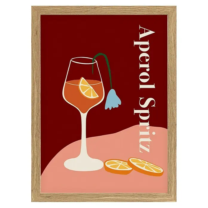 Papermoon Bild - Aperol Spritz, B x H: 70 x 100 cm, Ohne Passepartout, Rahmen Eiche - Gerahmtes Kunstwerk mit einem Aperol Spritz-Cocktail, dekoriert mit Orangenscheiben und einer blauen Blume, auf rotem Grund für eine stilvolle Wanddekoration.