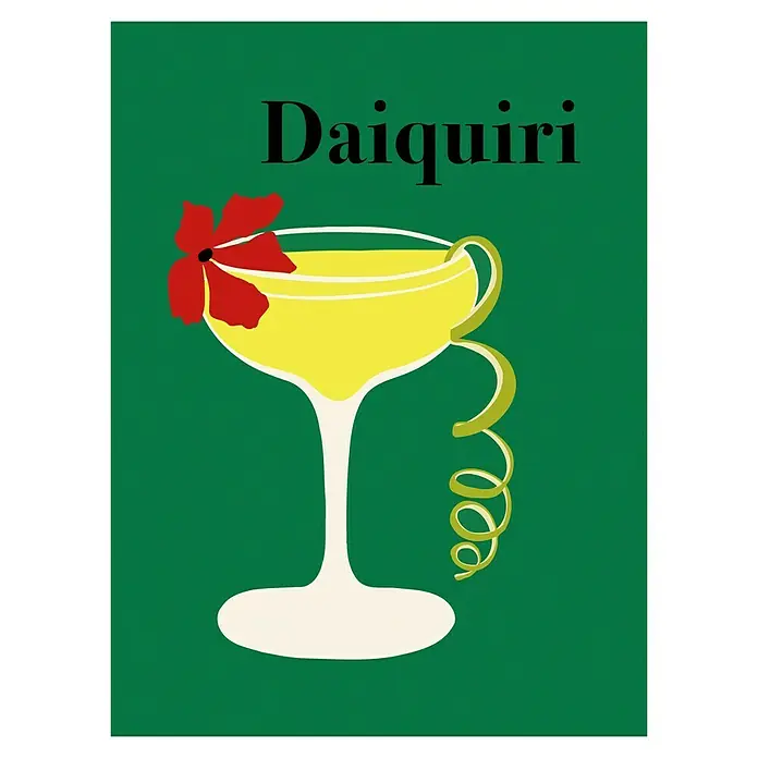 Papermoon Poster - Daiquiri, B x H: 50 x 70 cm, Ohne Passepartout - Illustration eines Daiquiri-Cocktails mit roter Blüte und Zitronenspirale vor grünem Hintergrund.