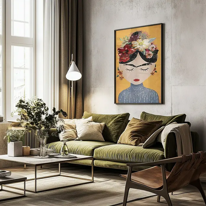 Papermoon Bild - Treechild Frida Gelb, B x H: 100 x 140 cm, Mit Passepartout, Rahmen Schwarz - Wohnzimmer mit grünem Sofa, Holztisch und einem gerahmten Porträt einer Frau mit Blumen im Haar an der Wand.