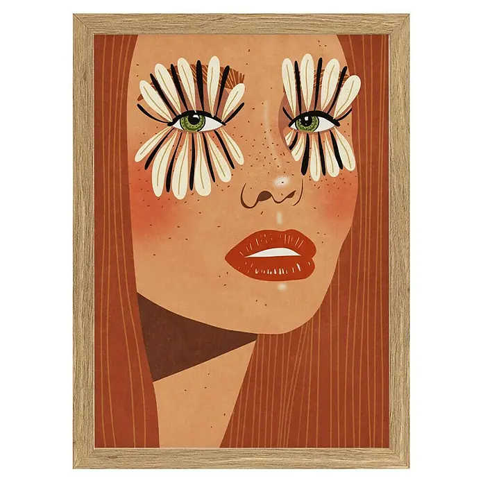 Papermoon Bild - Flower Eyes, B x H: 40 x 50 cm, Ohne Passepartout, Rahmen Eiche - Gerahmtes Porträt einer Frau mit blumenartigen Verzierungen um die Augen, das einen modernen und künstlerischen Stil zeigt.