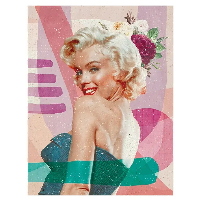 Papermoon Poster - Marilyn is Back, B x H: 100 x 140 cm, Ohne Passepartout - Pop-Art-Porträt von Marilyn Monroe mit Blumen und abstrakten Formen im Hintergrund, ein stilvolles und modernes Kunstwerk.