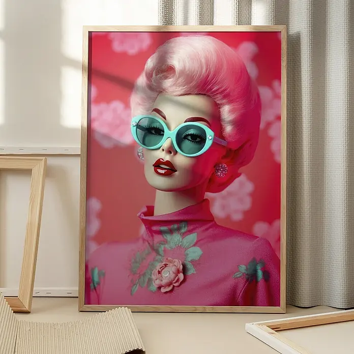 Papermoon Bild - Oh Barbie No. 1, B x H: 50 x 70 cm, Ohne Passepartout, Rahmen Eiche - Ein gerahmtes Porträt einer Frau mit pinkfarbenem Haar, übergroßen Sonnenbrillen und einem pinkfarbenen Kleid mit Blumenmuster.