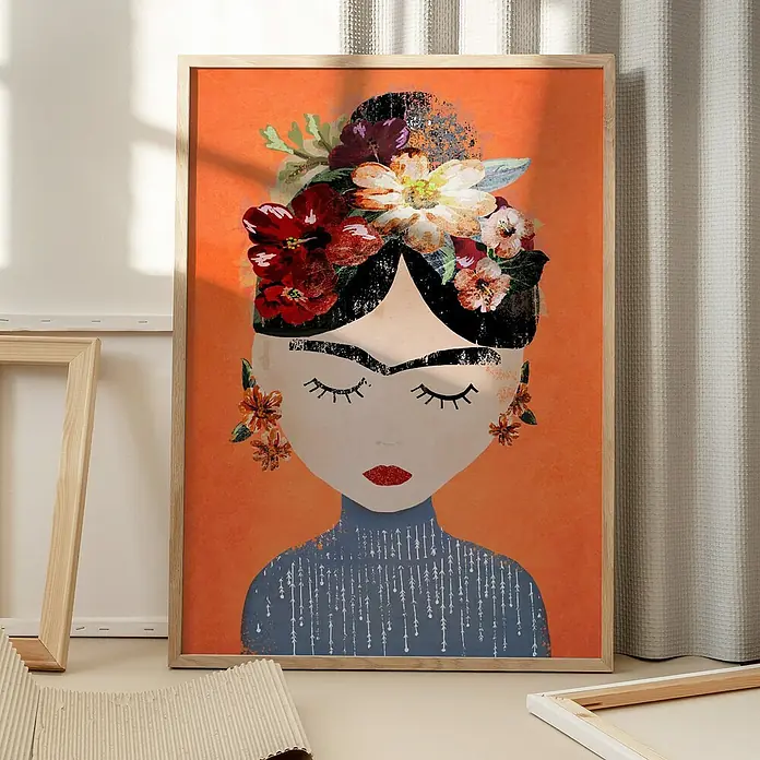 Papermoon Bild - Treechild Frida Orange, B x H: 80 x 110 cm, Ohne Passepartout, Rahmen Eiche - Stilvolles Wandbild mit Frida Kahlo-Motiv. Das Porträt mit floralen Details und warmen Farben ist ein echter Hingucker für jedes Zuhause.