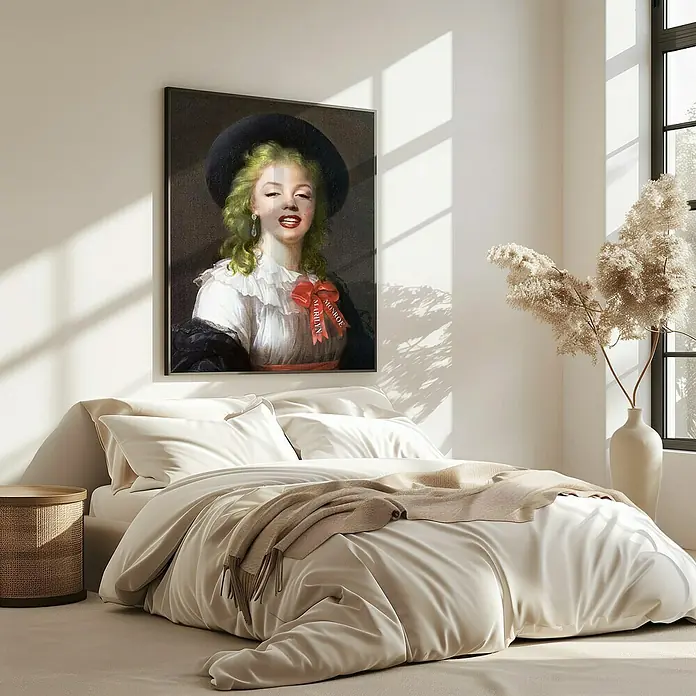 Papermoon Bild - Vintage Marilyn, B x H: 70 x 100 cm, Ohne Passepartout, Rahmen Eiche - Leinwandbild mit dem Porträt „Marilyn Monroe", das über einem Bett hängt und eine stilvolle Note ins Schlafzimmer bringt.