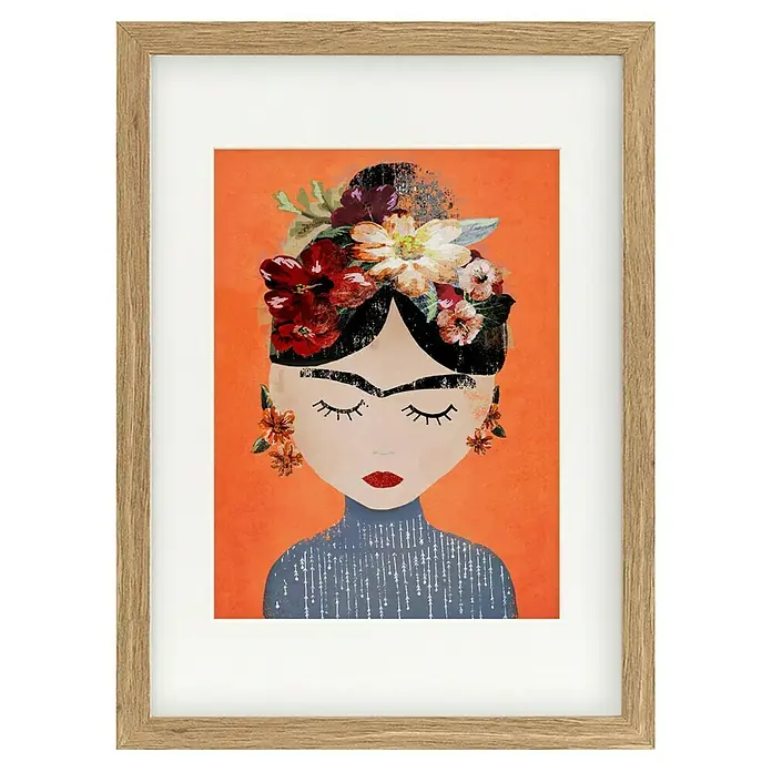 Papermoon Bild - Treechild Frida Orange, B x H: 100 x 140 cm, Mit Passepartout, Rahmen Eiche - Gerahmtes Wandbild mit einem farbenfrohen Porträt einer Frau mit Blumen im Haar vor orangefarbenem Hintergrund.