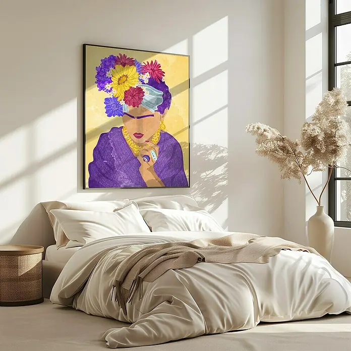 Papermoon Bild - Frida and Flowers, B x H: 40 x 50 cm, Ohne Passepartout, Rahmen Eiche - Wandkunst mit Frida Kahlo-Motiv über einem stilvollen Schlafzimmerbett, das dem Raum künstlerischen Flair verleiht.